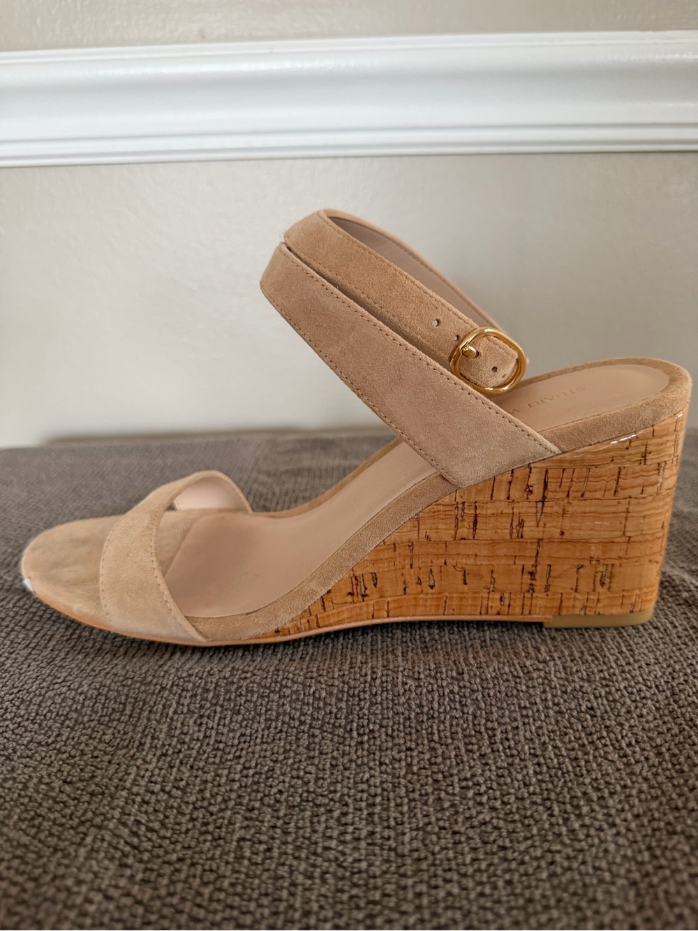 Stuart Weitzman Beige Suede Cork Wedge Sandals